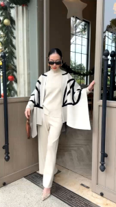 #9417 Set เสื้อไหมพรมแขนยาวคอเต่า+กางเกงขายาว+ผ้าคลุม ชุดกันหนาว ชุดหน้าหนาว ชุดทำงานผู้หญิง ชุดขึ้นเครื่อง ootd ชุดไปเที่ยว ชุดไปคาเฟ่ Vshop