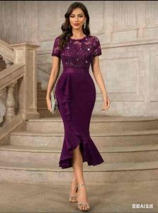 Melody  Vintage Sequin Floral Lace Ruffle Trim Mermaid Hem Short Sleeve Cocktail Party Fitted Long Dress