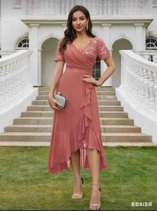 Melody  V-Neck Sequin Lace Contrast Chiffon Ruffle Trim Hem Elegant Prom Party Swing DressFor Wedding Guest Dinner