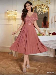 Melody V-Neck Sequin Floral Lace Chiffon Pleated Hem Party Swing Dress A Line Dress Long Dress Midi Dress