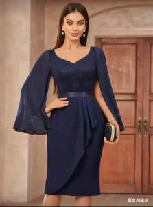 Melody Sweetheart Neck Cloak Sleeve Contrast Lace Chiffon Cocktail Party Fitted Pencil Dress