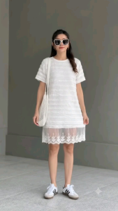 Korean Style Textured T-Shirt Mini Dress with Floral Lace Trim Hem Short Sleeve Loose Fit Casual Tunic Dress for Women