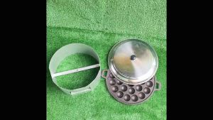 ชุดพิมพ์ขนมครกเผา พร้อมฝาปิดและบังลมเหล็ก เบ้าขนมครก ตราM 28 หลุม เตาแม่ค้า เตาแก๊ส เตาขนมครก