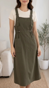 Preloved Olive/Army Green Pinafore Overall Midi Dress Adjustable Straps Side Drawstring Waist Large Front Pockets Soft Lightweight Fabric - M-L
