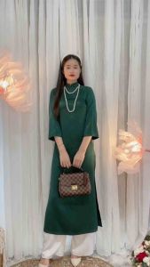 Áo dài cách tân nữ gấm xanh rêu dáng suông xưa Chaang may sẵn áo dài bầu xuông rộng dự tiệc cưới lễ tết đẹp ADC755