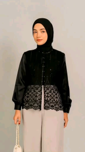 Zaina Atasan Crop Full Payet / Outer Brukat Motif Mix Organza / Cardigan Muslim Wanita Casual Fit Kancing