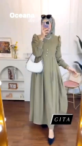 Gita dress wanita bahan crinkle airflow gamis terbaru  baju muslim gamis rempel pinggang lengan balon MNF12