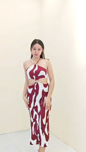 D&C-Summer Beach Style Geometric Knit Print Halter Neck Slit Dress