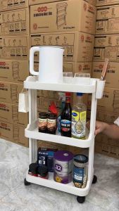 Giá Đựng Đồ 3 Tầng Nhà Bếp  Phòng Tắm Kệ Sách Kệ Nước Giặt Đa Năng Có Móc Treo Hộp Đựng Đũa Thìa Bánh Xe Nhựa PP Cao Cấp