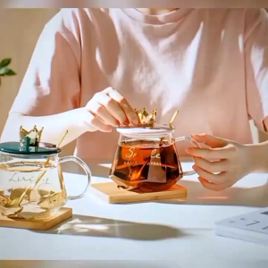 Glass Tea Coffee Mug 300ml Pink with LidGolden Crown Shape and Stainless SpoonGlass Cup With HandMilkChocolate and BeverageCappuccinoTea