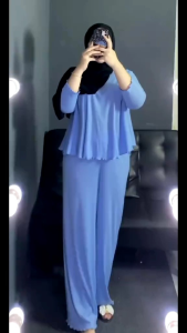 Setelan Rib Knit Wanita Lengan 7/8 Celana Panjang Baju Atasan Setelan Wanita Dewasa Polos Oneset Ribb knit jumbo wanita kekinian