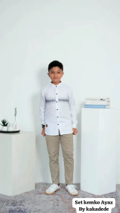 Kakadede Setelan Baju Muslim Anak Laki-Laki: Set Koko Bordir Putih Lengan Panjang Pendek Ukail Ayaz