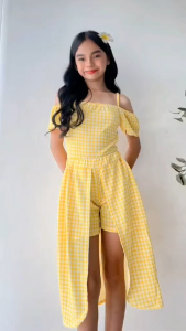 Girls Gingham Terno Set | Off Shoulder Plaid Top with Shorts & Overlay Skirt | Kids Summer Outfit