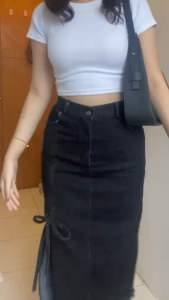 Nikita Rok Skirt Jeans Serut Tali Korean Midi Belah Casual Kekinian - Rok Jeans 7/8 - Rok Jeans Belah Depan 7/8