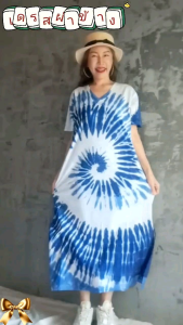 ชุดเดรสคอวีแขนสั้น ย้อมครามอ่อน ลายสวย ผ้ายืดคัตตอน