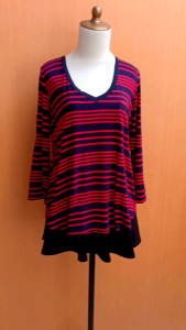 atasan kaos wanita biru salur merah MERONA cewek L XL blouse vneck santai dingin