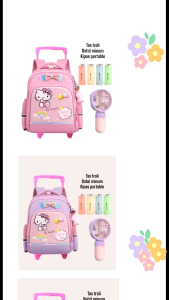 Tas ransel troli anak perempuan motif hello kittyy pita gratis botol minum kaca kipas angin mini portabel tas sekolah anak paud TK tas ransel troli tas anak