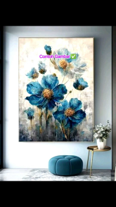 lukisan bunga biru abstrak hiasan dinding ruang tamu plus frame FUTURE ART PAINTING