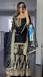 [PRE-ORDER]New Arrival Black Sequence Embroidery Work Top & Sharara Plazzo With Dupatta (ETA:2023-06-09)15 TO 20 DAYS DELIVERY
