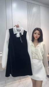 Set Váy Nhung 2 Món Gồm Áo Sơ Mi Tay Bồng Chất Liệu Tơ Mềm Tặng Kèm Ghim Hoa + Váy Yếm Nhung Dáng A QUYN.039