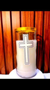 7D Big Jar Glass candle with cross design White wax religious symbol decorative. indoor outdoor setting | Lamay | Cemetery | Wake | Altar | Prayer Candle/ Smokeless and long lasting
