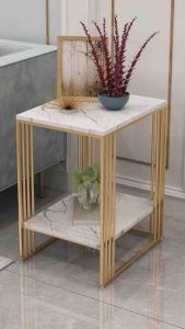 Kệ bàn góc Sofa phòng khách mặt đá vuông chân kim loại kiểu nan sọc 2 tầng BG-34 sang trọng hiện đại