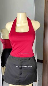 BUY 1 + GET 2 FREE (3PCS) TALIA Halter Neck Double Lining Front Full Length Top Basic Open Back For Women Womenswear Comfortable Fit Black Minimalist Cotton Spandex