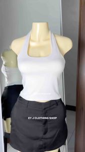 TALIA Halter Neck Double Lining Front Full Length Top Basic Open Back For Women Womenswear Comfortable Fit Black Minimalist Cotton Spandex