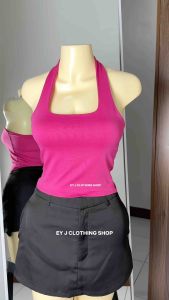 BUY 1 + GET 2 FREE (3PCS) TALLIA Halter Neck Double Lining Full Length Top Basic Open Back For Women Womenswear Comfortable Fit Cotton Spandex Minimalist