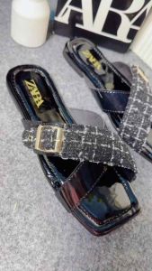 Sandal Selop ZARA Silang Rajut Tweet Kombi Polos Glossy Gesper Kekinian Korean Style KODE HZ1NOV24