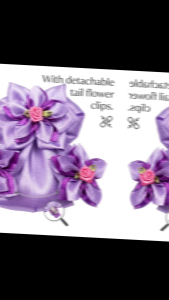 Purple satin flower hair accessories with detachable tail clips.