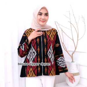 RAISYA Blouse tenun troso jepara Atasan baju kerja wanita motif etnik lengan panjang full zipper depan Blouse kekinian berkualitas rashashi