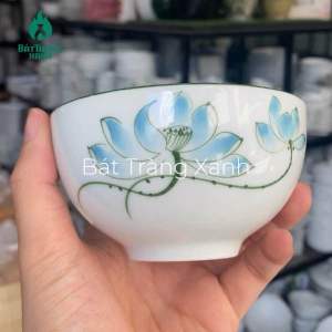Bộ Bát Đĩa Bát Tràng Men Kem Họa Tiết Hoa Sen Xanh Vẽ Tay Cao Cấp Hàng Nung Khử Có Bảo Hành
