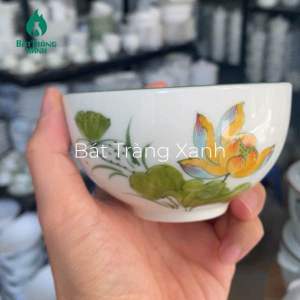Bộ bát đĩa Bát Tràng họa tiết hoa sen cam men kem (kèm hộp) - Hàng nung khử có bảo hành - Chén dĩa tô Bát Tràng