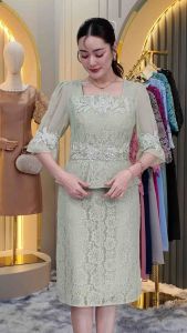 🎀 All Ladies 🎀 เดรสลูกไม้ดอกไม้แขนชีฟอง ลูกไม้เนื้อนิ่มงานจริงสวยมากคะ (สีเทียม)