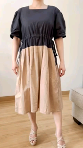 ●ECLAIRE● 063 Dress Midi Lengan Pendek Shortsleeves 2tone twotone Drawstring Tali Serut Kasual Casual Santai Kerja Korea 1067