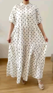 ●ECLAIRE● 063 Dress Maksi Maxi Tiered Susun Shortsleeves Lengan Pendek Motif Polkadot Korea Kasual Casual Mode Santai Kerja 723