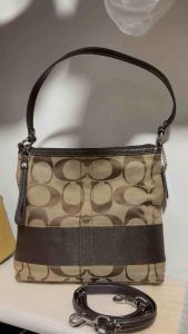Preloved authentic Signature C chocolate Brown Striped Leather Trim 2way crossbody shoulder bag