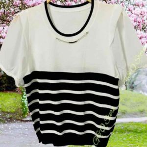 Áo Dệt Kim Ngắn Tay Bồng Phối Lưới Hoạ Tiết Sọc Kèm Xích Phong Cách Hàn Quốc Nữ Top Women Cổ Tròn