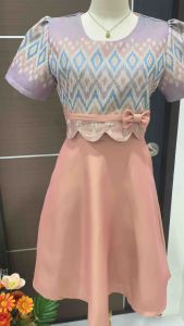 P003 P011ชุดเดรสผ้าทอลายสีส้มชานม กระโปรงทรงย้วย มีกระเป๋า 2 ข้าง