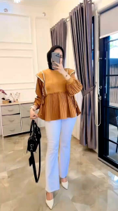 Evoleth Blouse Wanita Muslimah Lengan Panjang Modis Bahan Premium Knit Plisket – Atasan Casual Elegan Fit to XL