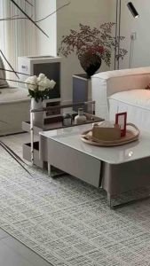 Bàn trà đôi Sofa phòng khách nhập khẩu mặt đá công nghệ thân gỗ MDF phủ sơn cao cấp đi kèm xe đẩy đựng đồ BN-08