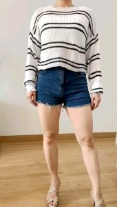 ●ECLAIRE● 003 Sweater Crop knit rajut Motif Salur Stripe Garis Lengan Panjang Longsleeves Kasual Casual korea Kuliah Kerja Dailywear Santai Liburan import K110