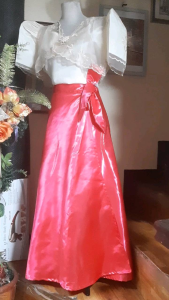 Modern Filipiniana skirt in pleated and wrap around style and available in sizes small medium large and XLarge for pleated ones and FREE size (fits from small medium large up to 4XL) for wrap around ones.