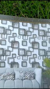 Wallpapper Motif 3 D Bunga dan Kotak Bahan Tebal Serat Timbul Bertekstur