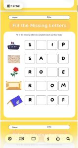 250 Preschool-Friendly Vocabulary Words Fill in the Missing Letter Exercises for Preschool Kindergarten Early Learners 50 Pages 250 Words