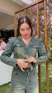 เซ้ต2ชิ้นยีนส์ เสื้อครอปแขนยาว+กางเกงทรงกระบอก สีสนิมสีฟอกอย่างดี S-3XL