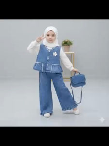 setelan one set 3 in 1 Premium Anak Perempuan Terbaru bahan mix jeans dan kaos borkat Usia 3-12 Tahun