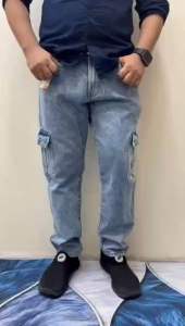Luxury Denim Acid Wash Men’s Cargo Material 💯% Premium Quality Non Stretchable Straight Cut 6 Pocket Cargo Jeans Pants