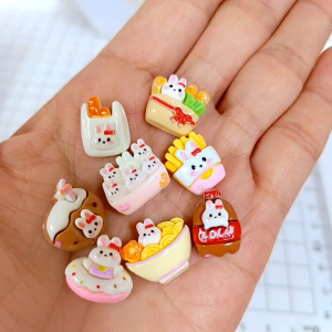 Small Cute bunny-themed food charms: cola bottle donut fries hot tub floatie bread noodles shopping bag Diy Cream Glue Accessories Art Craft Handmade DC1232